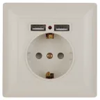 Розетка Intro Solo 4-410-02 с заземлением P+E Schuko со шторками, 16А-250В + 2хUSB, IP20, СУ, слоновая кость