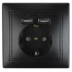 Розетка Intro Plano 1-410-05 с заземлением 2P+E Schuko со шторками, 16А-250В + 2хUSB 5В-2,1А, IP20, СУ, антрацит