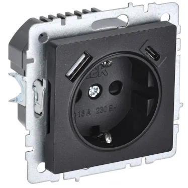 BRITE Розетка с заземлением с защитными шторками 16А с USB A+C 18Вт РЮш11-1-БрЧ черный