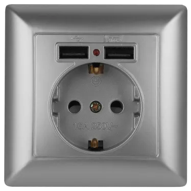 Розетка Intro Solo 4-410-03 с заземлением P+E Schuko со шторками, 16А-250В + 2хUSB, IP20, СУ, алюминий