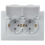 Розетка Intro Plano 1-210-01 2х2P+E Schuko с крышкой шторками, 16А-250В, СУ, IP44, Plano, белый