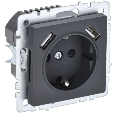 BRITE Розетка с заземлением с защитными шторками 16А с USB A+A 2,1А РЮш10-1-БрГ графит