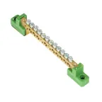                  Шина 0 PE 6x9мм 12 отверстий латунь с контактной пластиной 2 зелёных угловых изолятора PROxima
               