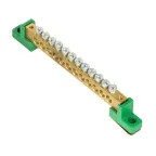                  Шина 0 PE 8x12мм 12 отверстий латунь с контактной пластиной 2 зелёных угловых изолятора PROxima
               