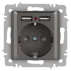 Розетка Intro Accent 6-410-09 P+E Schuko со шторками, 16А-250В + 2хUSB, IP20, СУ, титан