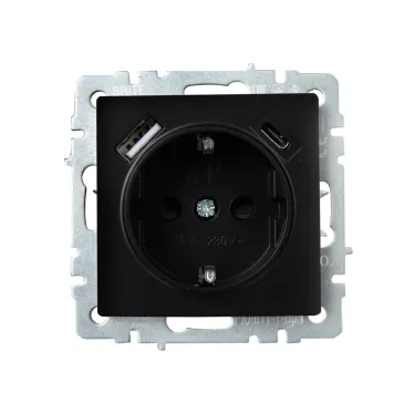 BRITE Розетка с заземлением с защитными шторками 16А с USB A+C 18Вт РЮш11-1-БрЧ черный