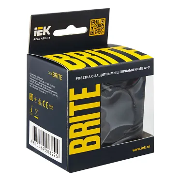 BRITE Розетка с заземлением с защитными шторками 16А с USB A+C 18Вт РЮш11-1-БрЧ черный