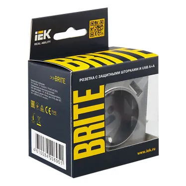 BRITE Розетка с заземлением с защитными шторками 16А с USB A+A 2,1А РЮш10-1-БрС сталь