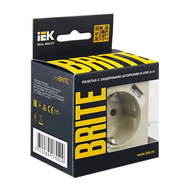 BRITE Розетка с заземлением с защитными шторками 16А с USB A+A 2,1А РЮш10-1-БрКр бежевый