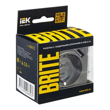 BRITE Розетка с заземлением с защитными шторками 16А с USB A+A 3,1А РЮш10-2-БрС сталь