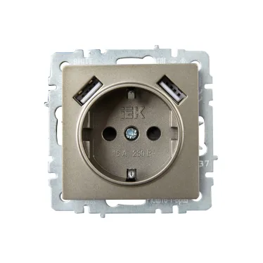 BRITE Розетка с заземлением с защитными шторками 16А с USB A+A 2,1А РЮш10-1-БрШ шампань