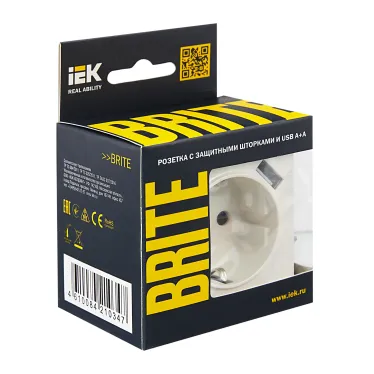 BRITE Розетка с заземлением с защитными шторками 16А с USB A+A 3,1А РЮш10-2-БрЖ жемчуг