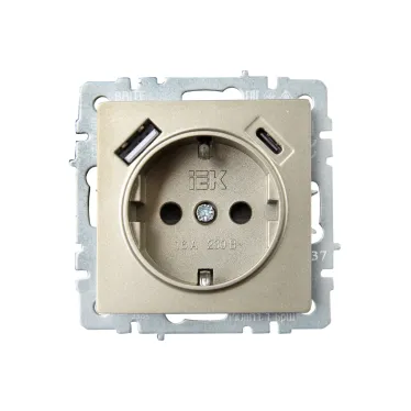 BRITE Розетка с заземлением с защитными шторками 16А с USB A+C 18Вт РЮш11-1-БрШ шампань