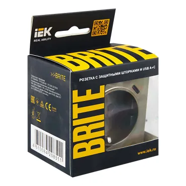 BRITE Розетка с заземлением с защитными шторками 16А с USB A+C 18Вт РЮш11-1-БрШ шампань