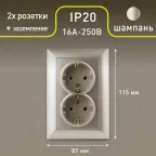 Розетка Intro Solo 4-205-04 с заземлением двойная 2X2P+E Schuko, 16А-250В, IP20, СУ, шампань