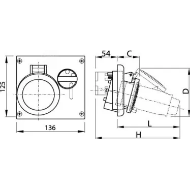 Розетка скрытой установки IP44 16А 3P+E+N 400В с механической блокировкой и верхним расположением разъема