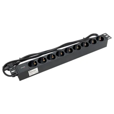 Блок розеток PDU TERACOM PRO 19' 1U 10А/250В 9 роз. Schuko шнур 2 м 3x1.5 мм2 вилка C14 корпус алюминий черный