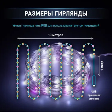 Умная гирлянда RGB, 10 м, ПДУ (управление цветом и режимами), таймер, USB, 100 LED, IP20 ERASG -01