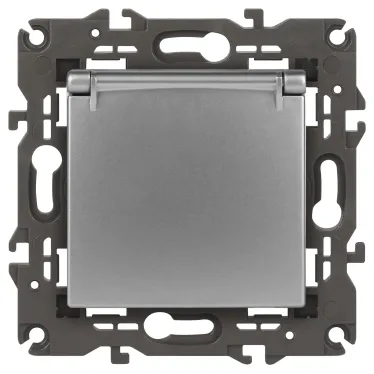 Розетка 2P+E Schuko со шторками с крышкой, 16А-250В, Эра Elegance, алюминий, 14-2103-03