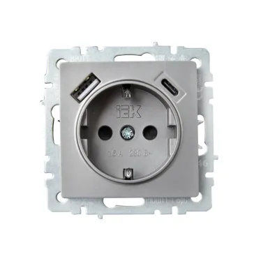 BRITE Розетка с заземлением с защитными шторками 16А с USB A+C 18Вт РЮш11-1-БрС сталь
