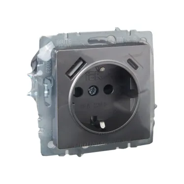 BRITE Розетка с заземлением с защитными шторками 16А с USB A+C 18Вт РЮш11-1-БрС сталь