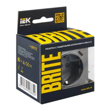 BRITE Розетка с заземлением с защитными шторками 16А с USB A+C 18Вт РЮш11-1-БрС сталь