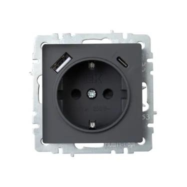 BRITE Розетка с заземлением с защитными шторками 16А с USB A+C 18Вт РЮш11-1-БрГ графит