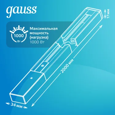 Шинопровод накладной AC 220В Белый IP20 2000х34мм с адаптером питания и заглушкой Track Gauss