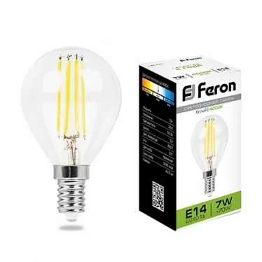 Лампа светодиодная LB-52 (7W) 230V E14 4000K филамент G45 прозрачная | 25875 | FERON