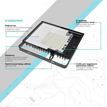 Прожектор светодиодный ДО 70 Вт 6295 лм 4000К AC 220В IP65 140х208х30мм Elementary G2 Gauss