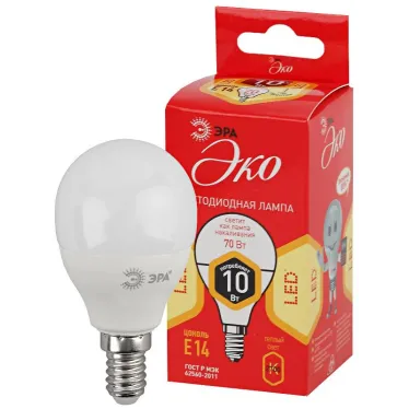 Лампа cветодиодная ECO LED P45-10W-827-E14 (диод, шар, 10Вт, тепл, E14) (10/100/2800) | Б0032968 | ЭРА
