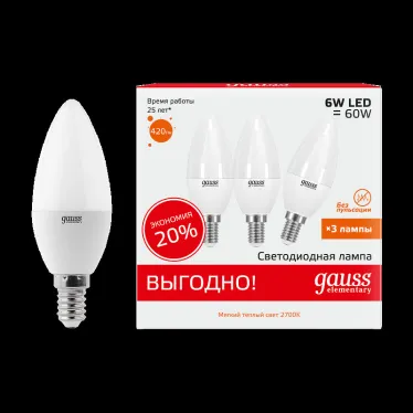 Лампа светодиодная Elementary Свеча 6W 420lm 3000K E14 (3 лампы в упаковке) LED 1/40 | 33116T | Gauss