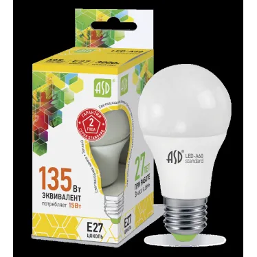 Лампа светодиодная LED-A60-standard 15Вт 230В Е27 3000К 1350Лм | 4690612002088 | ASD