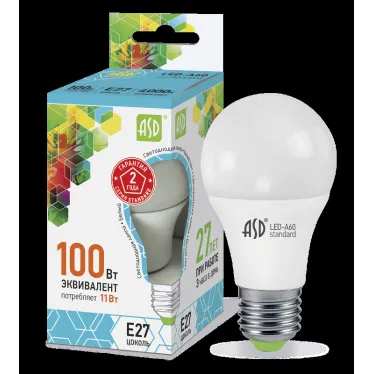 Лампа светодиодная LED-A60-standard 11Вт 230В Е27 4000К 990Лм | 4690612001715 | ASD