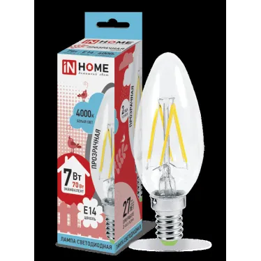 Лампа светодиодная LED-СВЕЧА-deco 7Вт 230В Е14 4000К 630Лм прозр | 4690612007618 | IN HOME