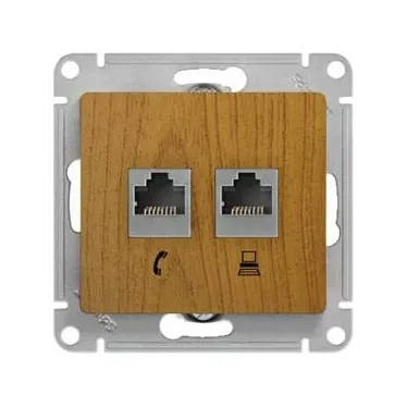 GLOSSA Розетка двойная телефон/компьютер RJ11+RJ45 категория 5е дуб в рамку