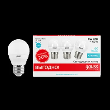 Лампа светодиодная Elementary Шар 6W 4100K E27 (3 лампы в упаковке) LED 1/40 | 53226T | Gauss