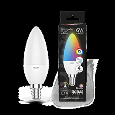Лампа светодиодная Smart LED Свеча С37 6W E14 RGBW+dim 1/10/100 | 103101406 | Gauss