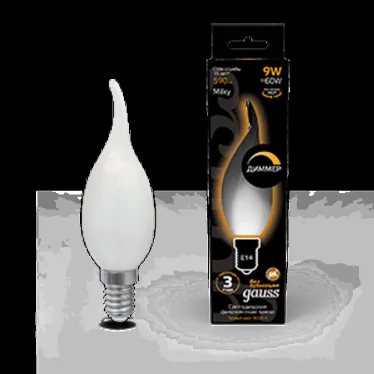 Лампа светодиодная Filament Свеча на ветру 9W 590lm 3000К Е14 milky диммируемая LED 1/10/50 | 104201109-D | Gauss