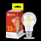                  Лампа светодиодная LED-A60-deco 13Вт 230В Е27 3000К 1170Лм прозрачная | 4690612035581 | IN HOME
               