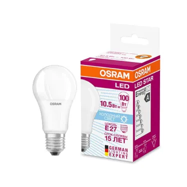Лампа светодиодная LED 10,5Вт/840 Е27 220-240В 4000К 1060lm 240° d60x107 LS CLА 100 FR | 4058075086678 | Osram
