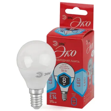 Лампа cветодиодная ECO LED P45-8W-840-E14 (диод, шар, 8Вт, нейтр, E14) (10/100/4000) | Б0030023 | ЭРА