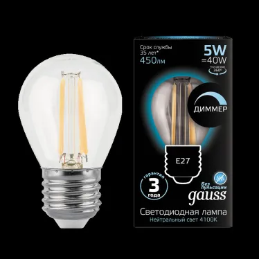 Лампа светодиодная LED 5Вт E27 220В 4100К шар, диммируемая | 105802205-D | Gauss
