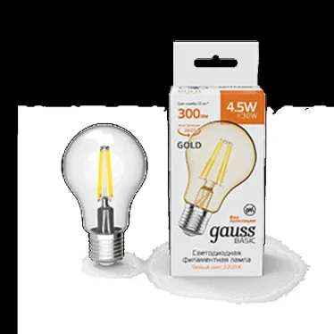 Лампа светодиодная Basic Filament А60 4,5W 300lm 2200К Е27 golden LED 1/10/40 | 1021245 | Gauss