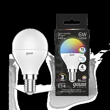 Лампа светодиодная Smart LED Шар G45 6W E14 RGBW+dim 1/10/100 | 105101406 | Gauss