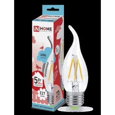 Лампа светодиодная LED-СВЕЧА НА ВЕТРУ-deco 5Вт 230В Е27 4000К 450Лм прозр | 4690612007656 | IN HOME