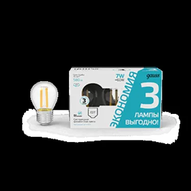 Лампа светодиодная Filament Шар 7W 580lm 4100К Е27 LED (3 лампы в упаковке) 1/20 | 105902207T | Gauss