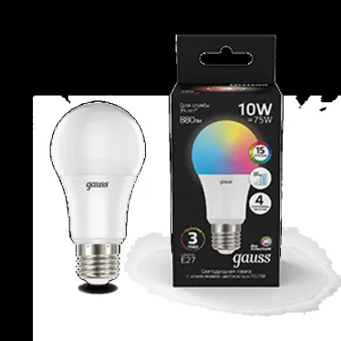 Лампа светодиодная A60 10W E27 RGBW+димирование LED 1/50 | 102102410 | Gauss