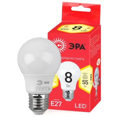 Лампа светодиодная ECO LED A55-8W-827-E27 Лампы СВЕТОДИОДНЫЕ ЭКО ЭРА (диод, груша, 8Вт, тепл, E27) | Б0032095 | ЭРА