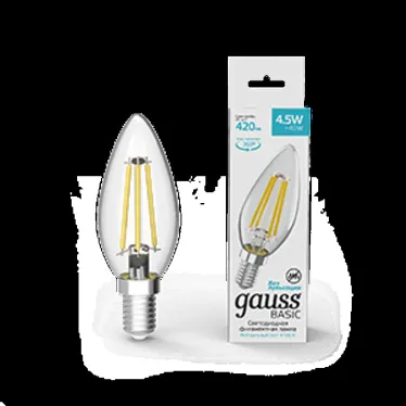 Лампа светодиодная Basic Filament Свеча 4,5W 420lm 4100К Е14 LED 1/10/50 | 1031215 | Gauss